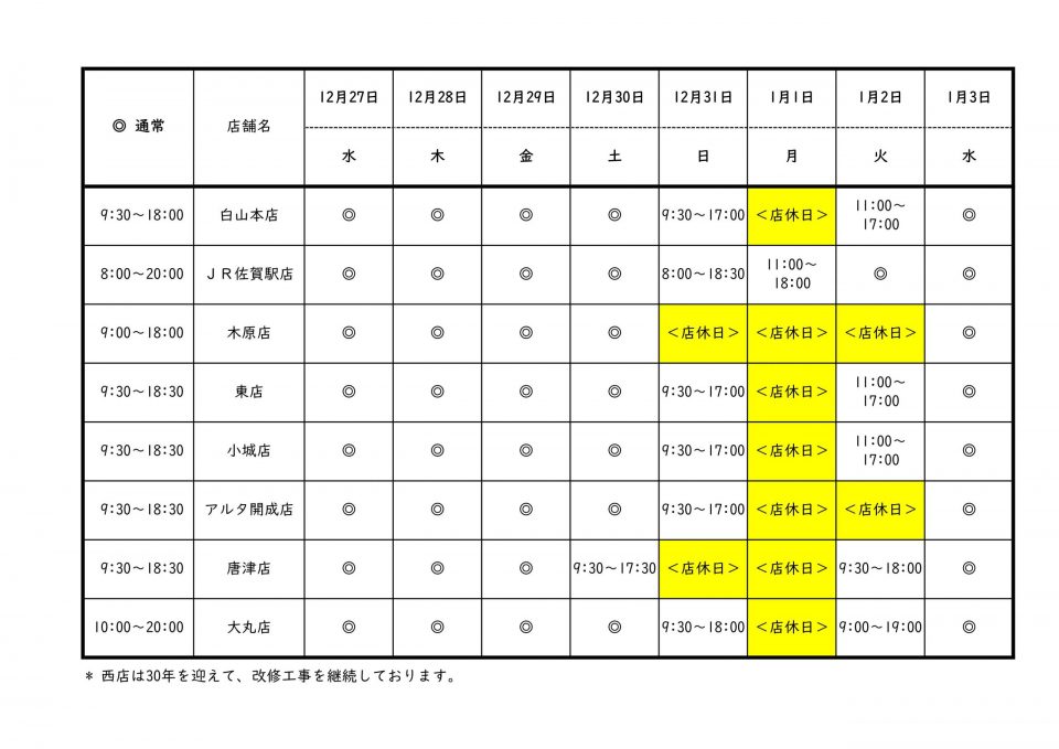 年末年始「営業時間・店休日」のご案内